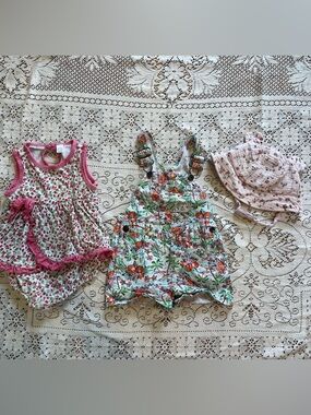 Lot of 3 baby girl 18-24 mo floral summer bundle with dress overalls bucket hat